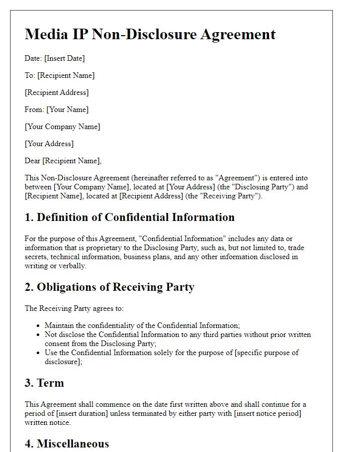 Letter template of Media IP Non-Disclosure Agreement