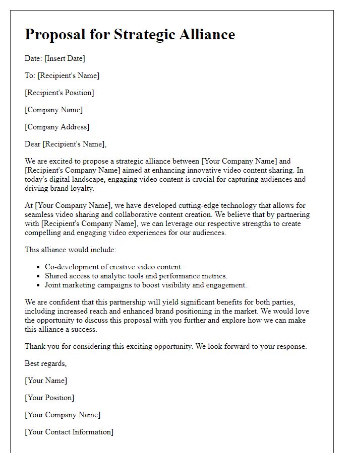 Letter template of alliance proposal for innovative video content sharing.