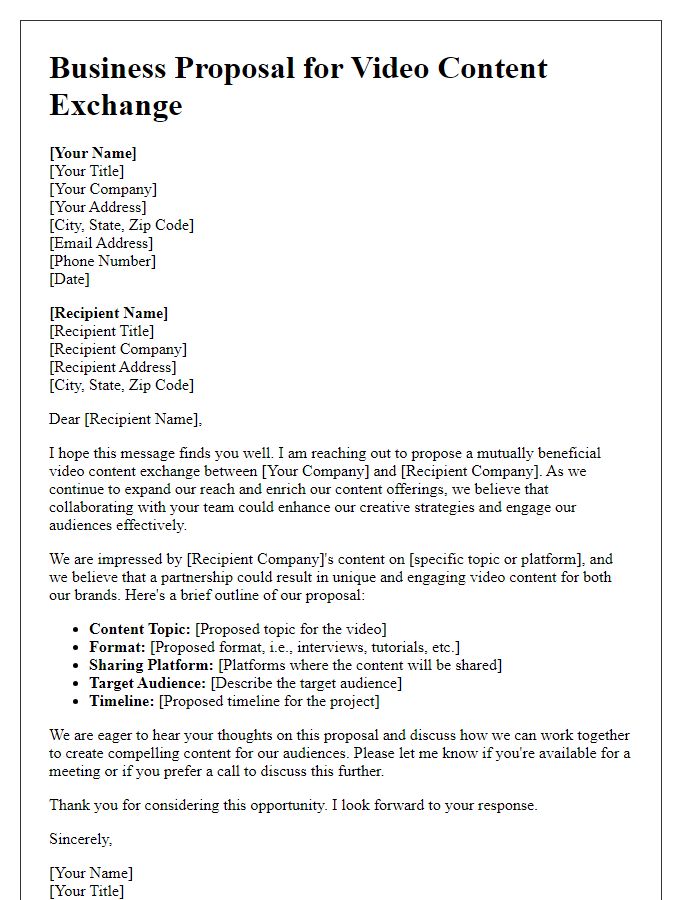 Letter template of business proposal for video content exchange.