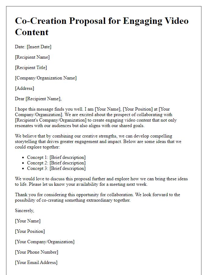 Letter template of co-creation proposal for engaging video content.