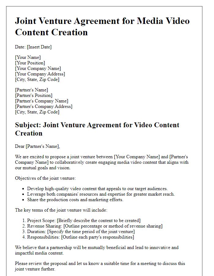 Letter template of joint venture for media video content creation.