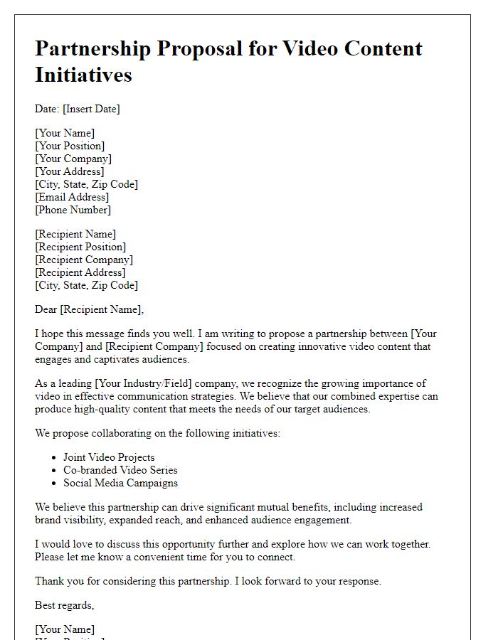 Letter template of project partnership offer for video content initiatives.