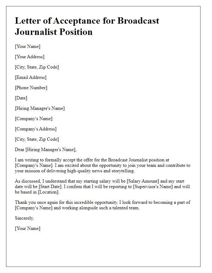 Letter template of media job offer acceptance for a broadcast journalist role.