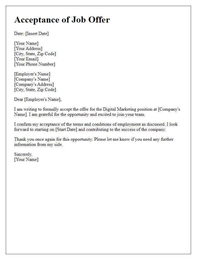 Letter template of media job offer acceptance for a digital marketing position.