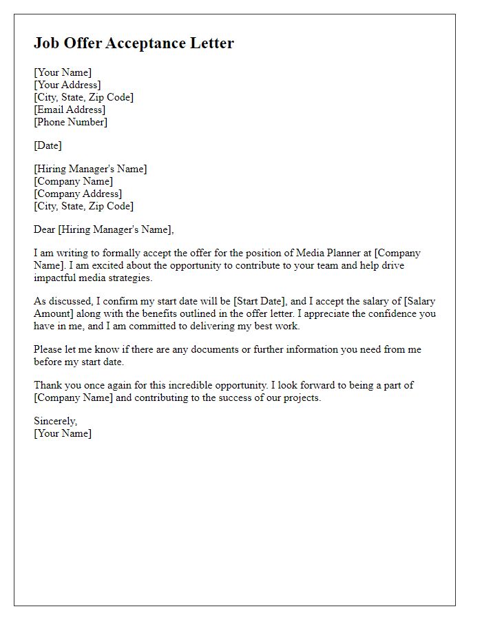 Letter template of media job offer acceptance for a media planning job.