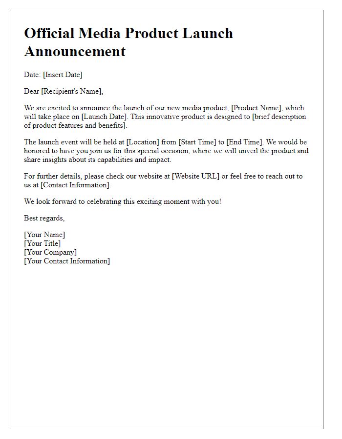 Letter template of official media product launch announcement.