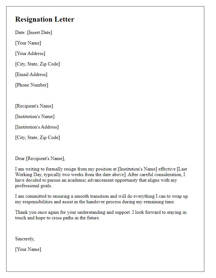 Letter template of resignation for academic advancement.