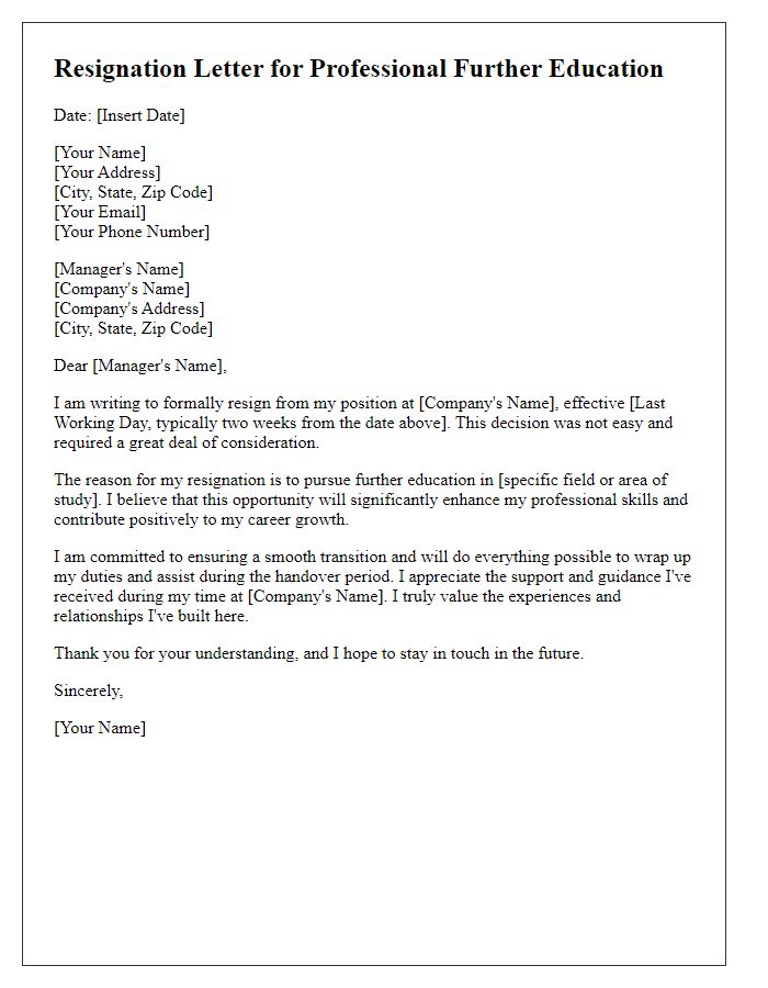 Letter template of resignation for professional further education.