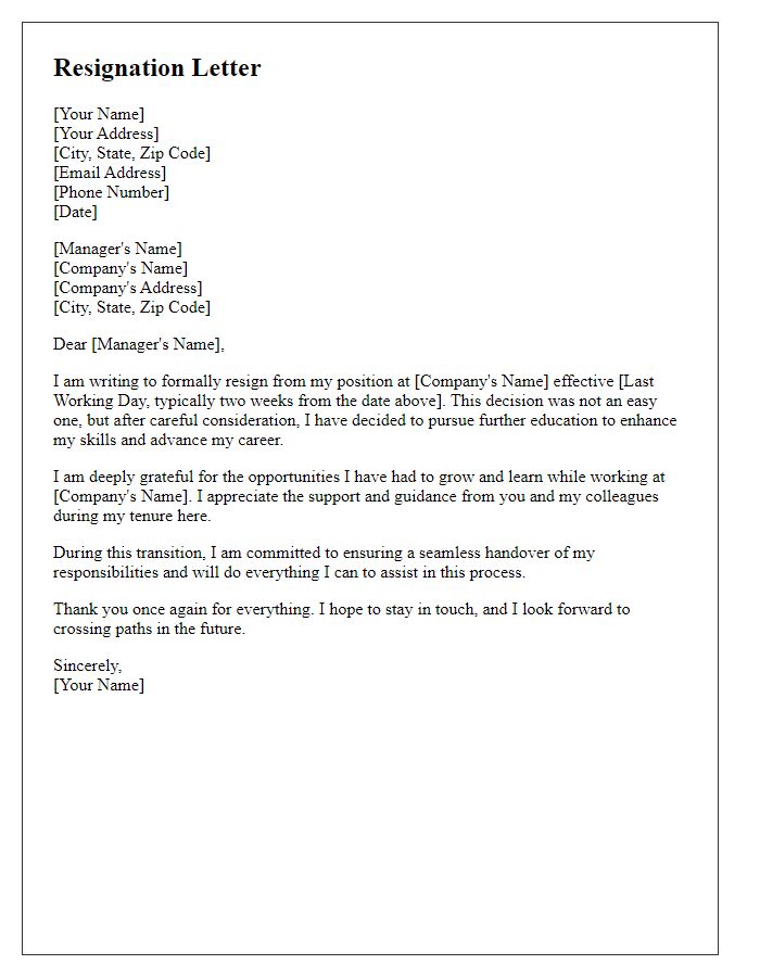 Letter template of resignation for skills enhancement through education.