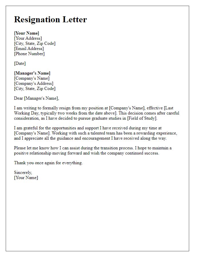 Letter template of resignation to undertake graduate studies.