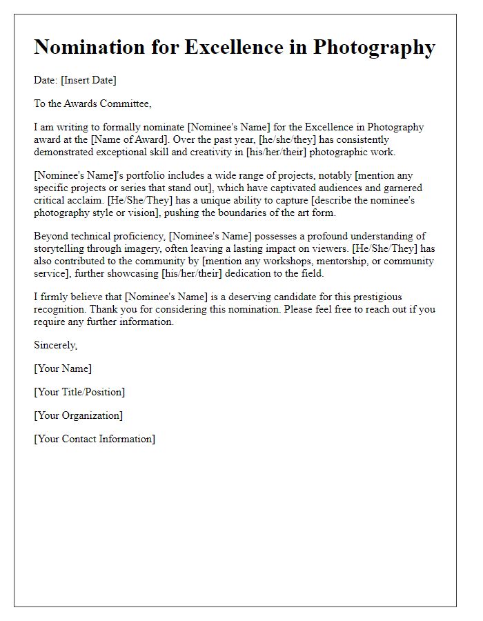 Letter template of media industry award nomination for excellence in photography.