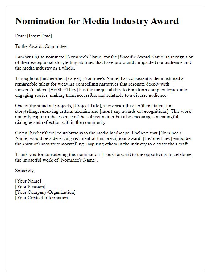 Letter template of media industry award nomination for exceptional storytelling.