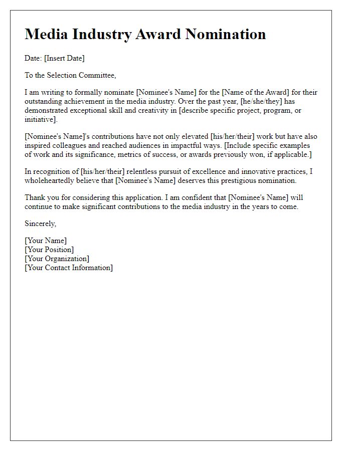 Letter template of media industry award nomination for outstanding achievement.