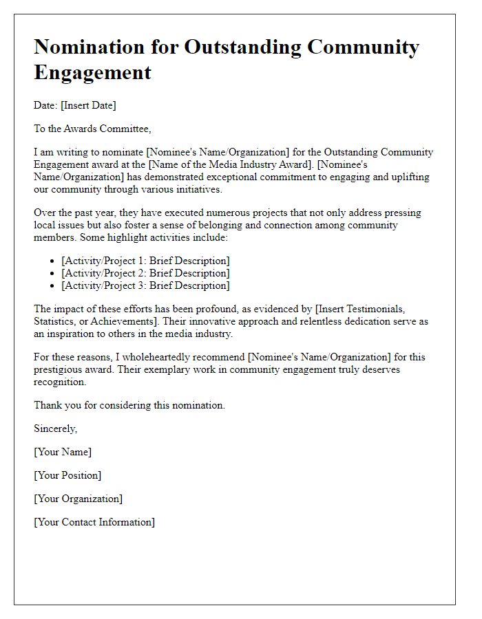 Letter template of media industry award nomination for outstanding community engagement.