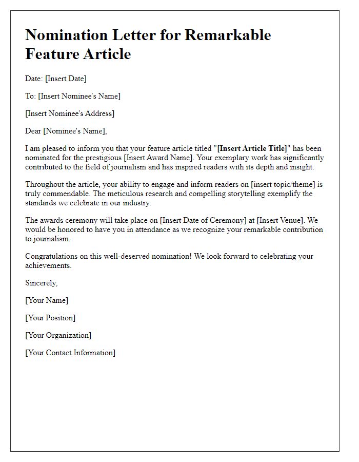 Letter template of media industry award nomination for remarkable feature article.