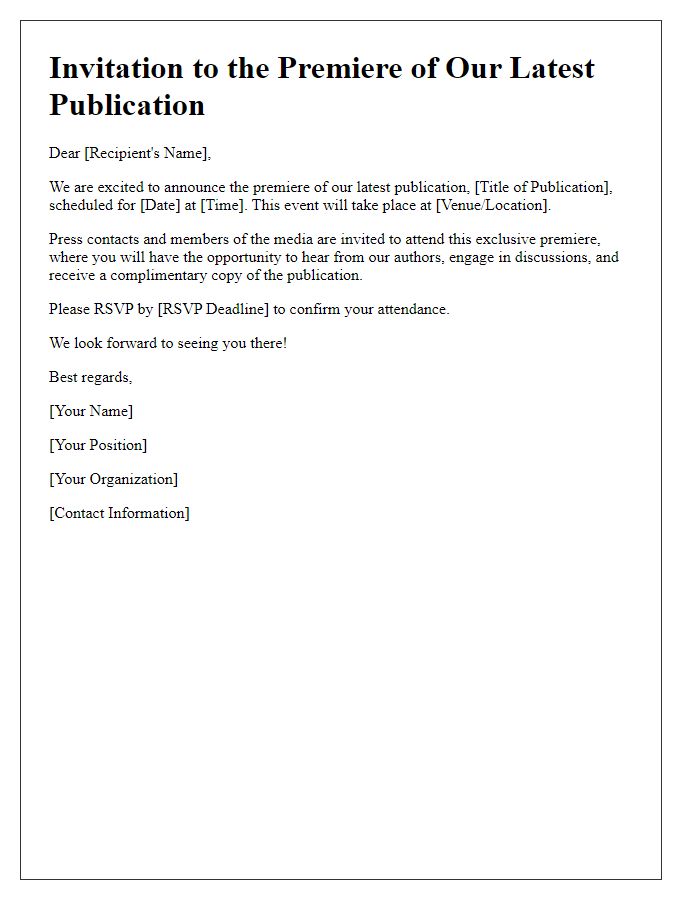 Letter template of media publication premiere for press contacts