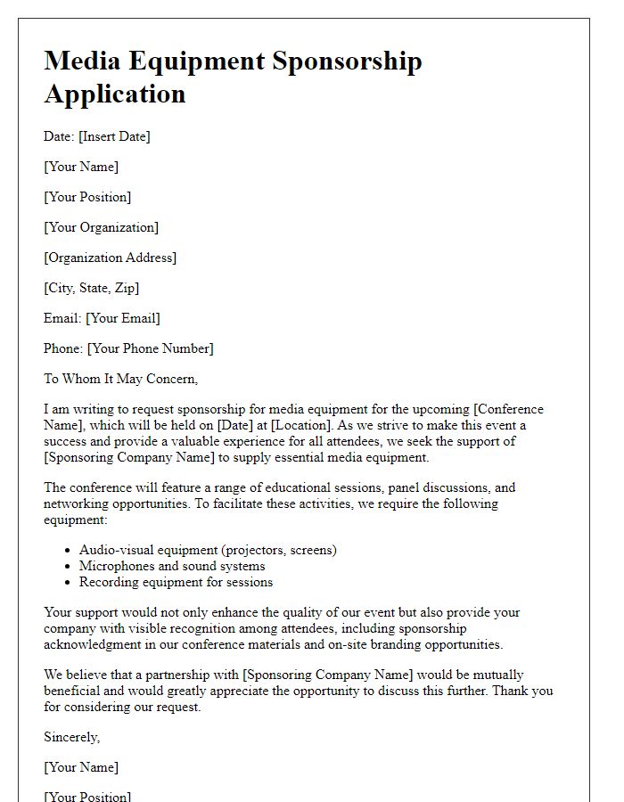 Letter template of media equipment sponsorship application for a conference.