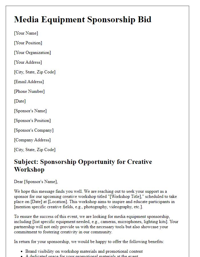 Letter template of media equipment sponsorship bid for a creative workshop.