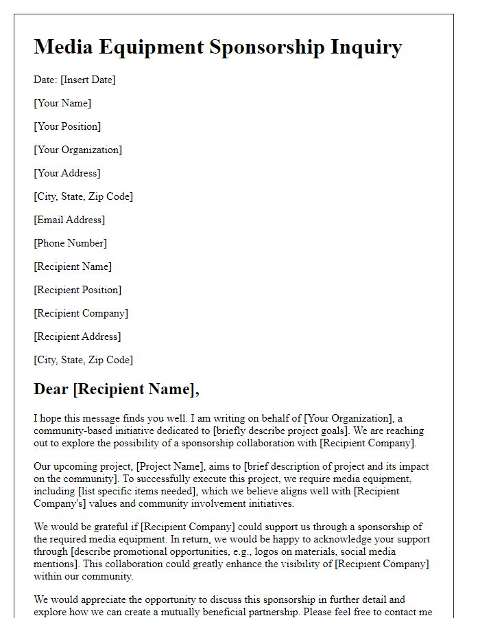 Letter template of media equipment sponsorship inquiry for a community project.