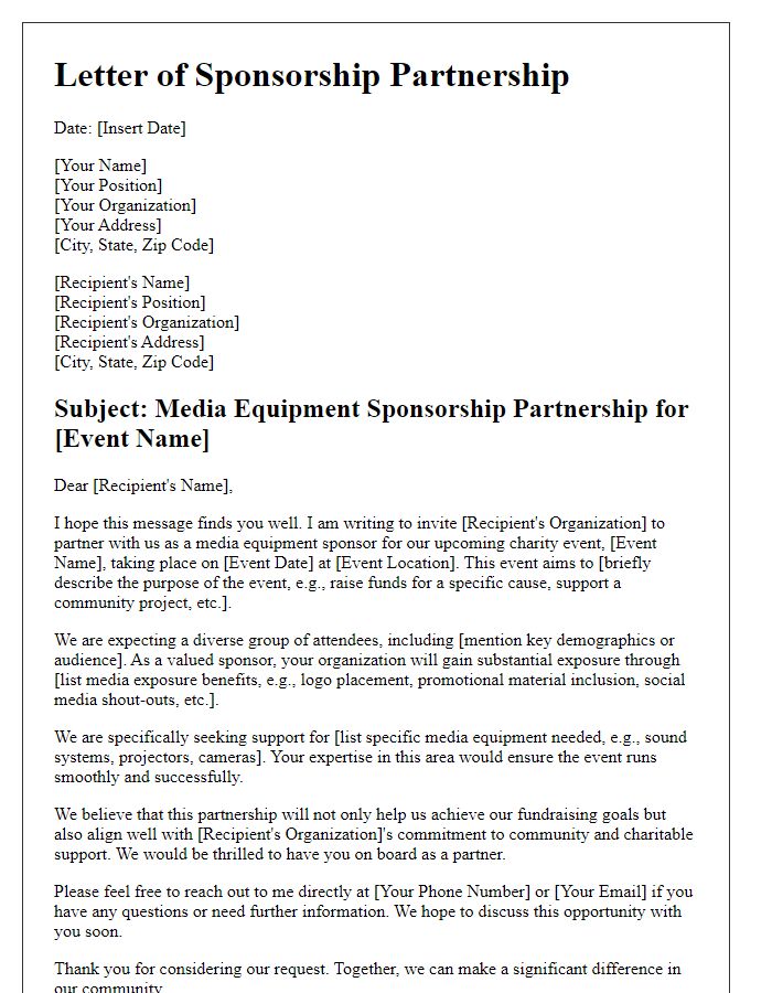 Letter template of media equipment sponsorship partnership for a charity event.