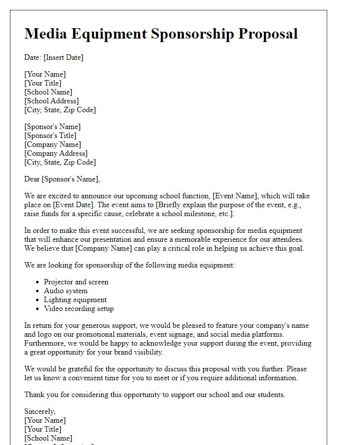 Letter template of media equipment sponsorship proposal for a school function.