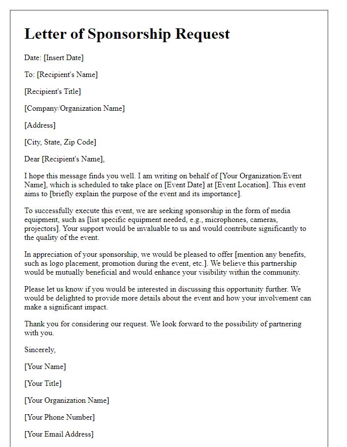 Letter template of media equipment sponsorship request for an event.