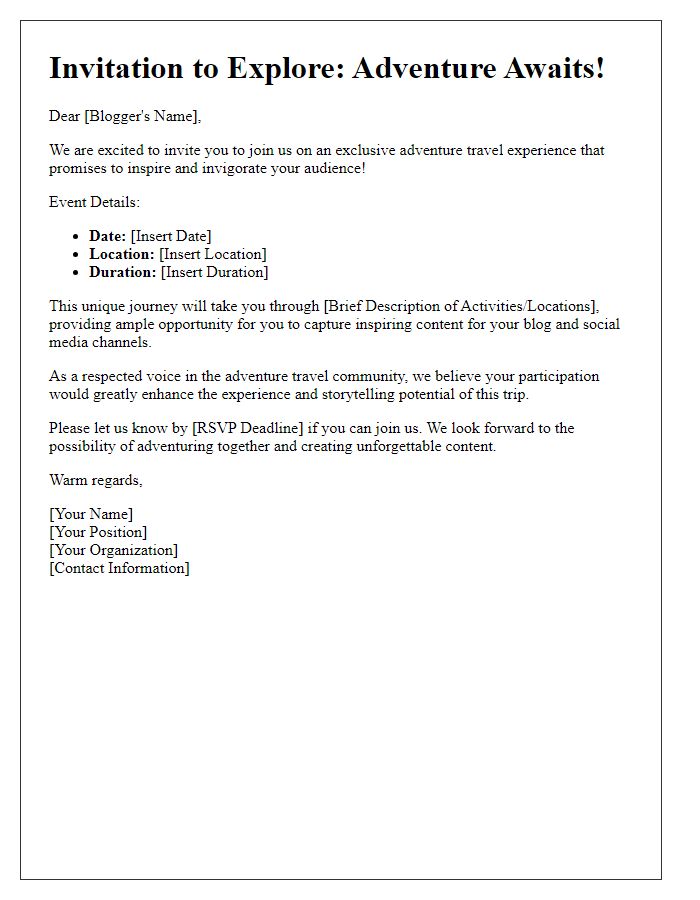 Letter template of media travel editorial invitation for adventure travel bloggers.