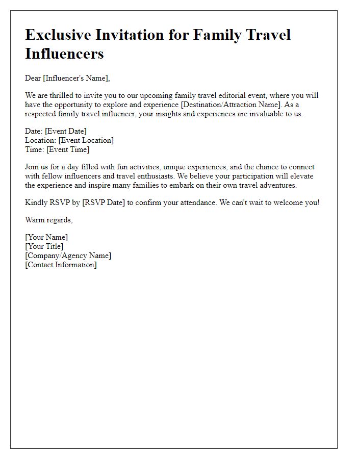 Letter template of media travel editorial invitation for family travel influencers.