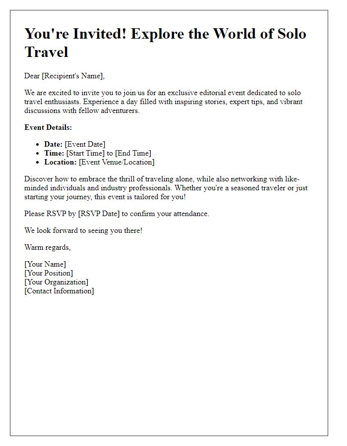 Letter template of media travel editorial invitation for solo travel enthusiasts.