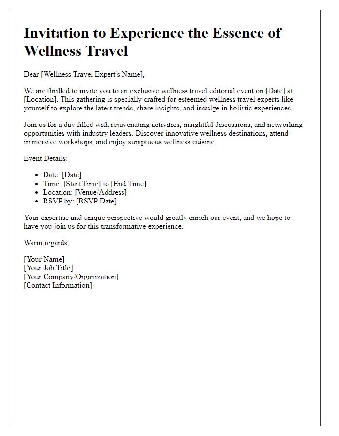 Letter template of media travel editorial invitation for wellness travel experts.