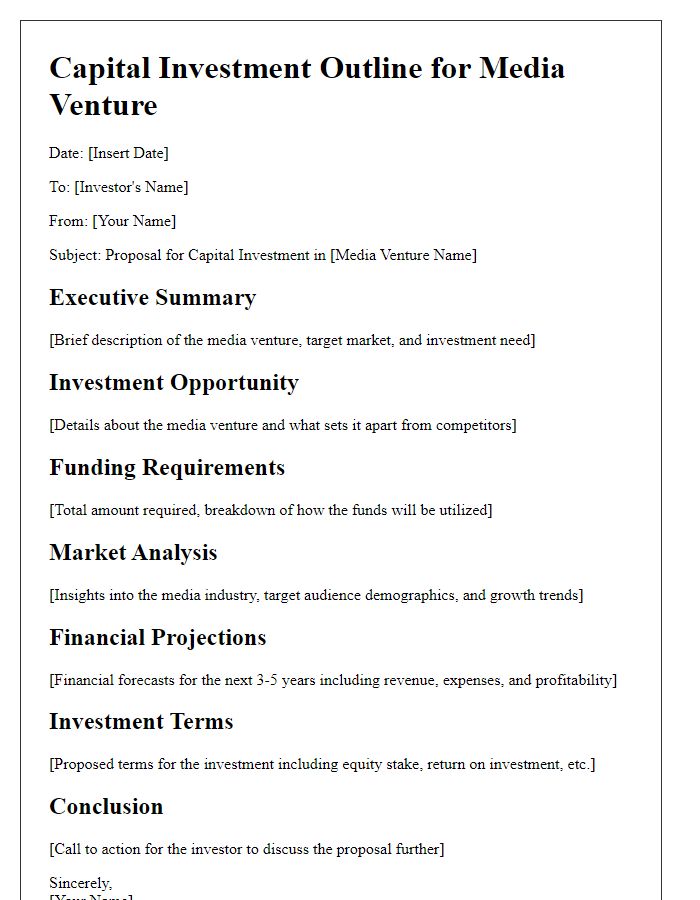 Letter template of capital investment outline for media venture