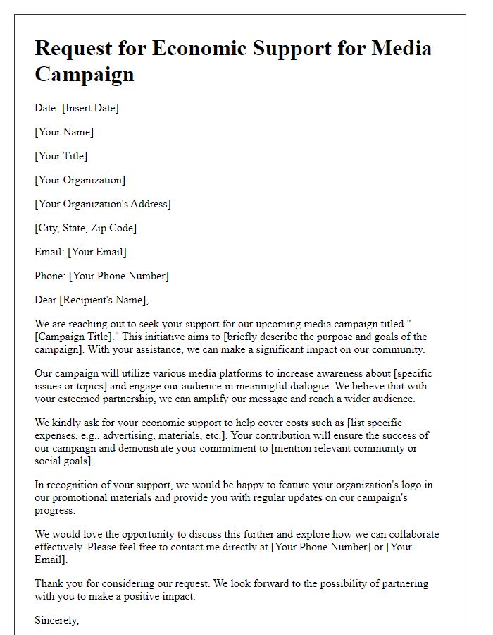 Letter template of economic support solicitation for media campaign