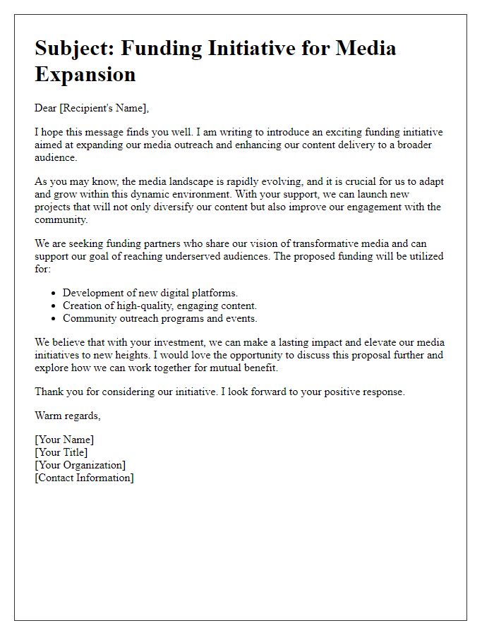 Letter template of funding initiative for media expansion