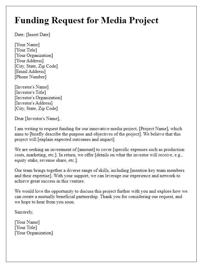 Letter template of funding request for media project investment