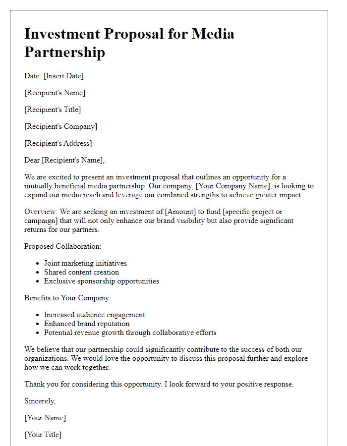 Letter template of investment proposal for media partnership financing