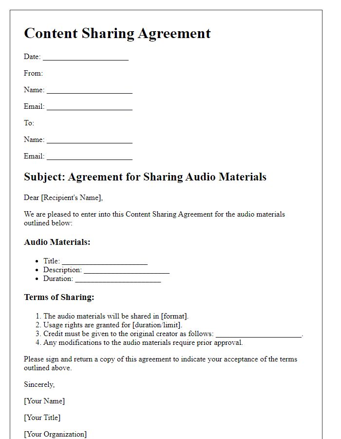 Letter template of content sharing agreement for audio materials