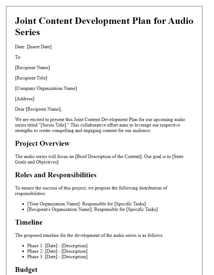 Letter template of joint content development plan for audio series