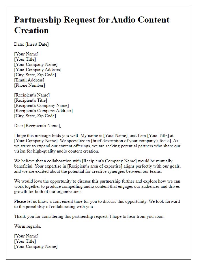 Letter template of partnership request for audio content creation