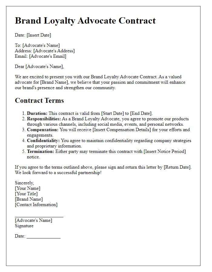 Letter template of Brand Loyalty Advocate Contract