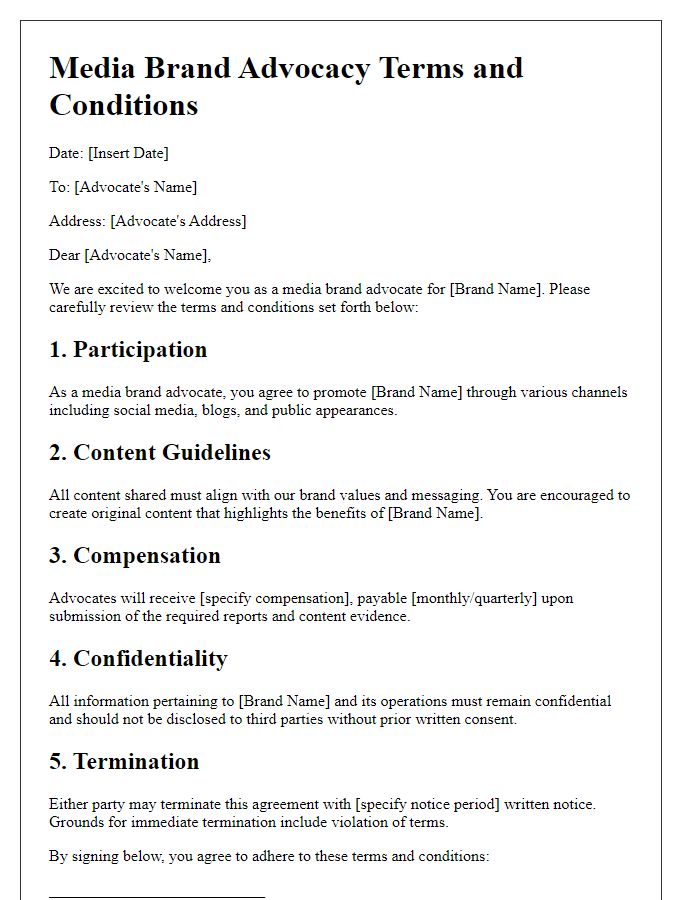 Letter template of Media Brand Advocacy Terms and Conditions