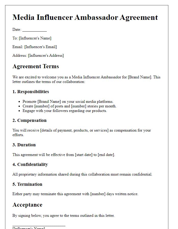 Letter template of Media Influencer Ambassador Terms