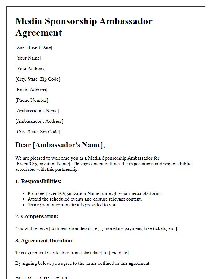 Letter template of Media Sponsorship Ambassador Agreement