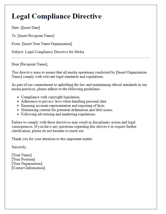 Letter template of Legal Compliance Directive for Media