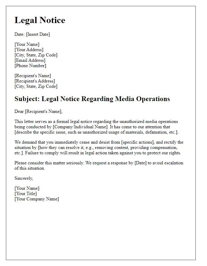 Letter template of Legal Notice for Media Operations