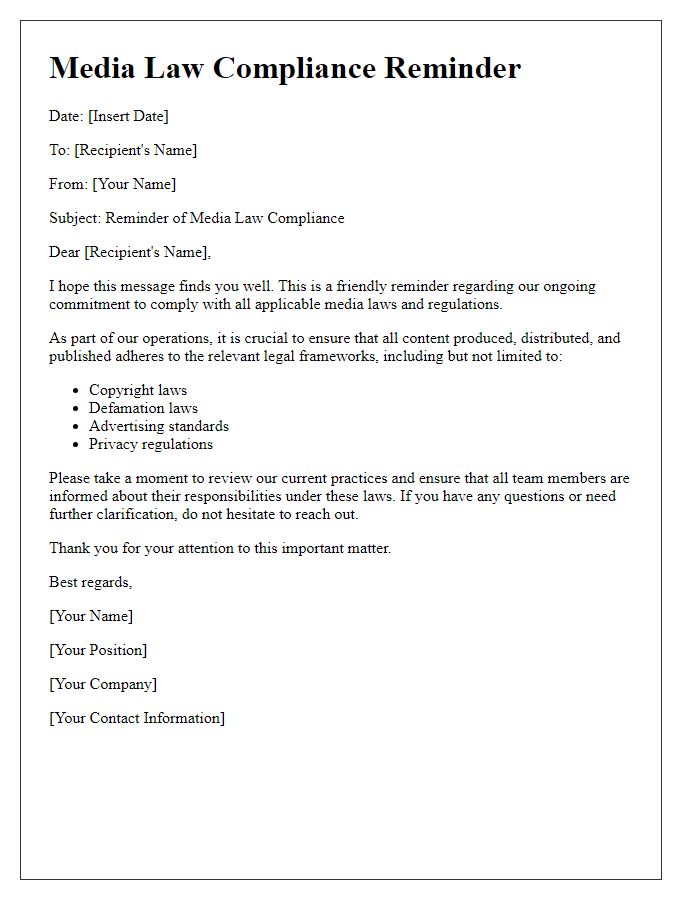 Letter template of Media Law Compliance Reminder