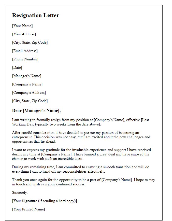 Letter template of resignation for becoming an entrepreneur