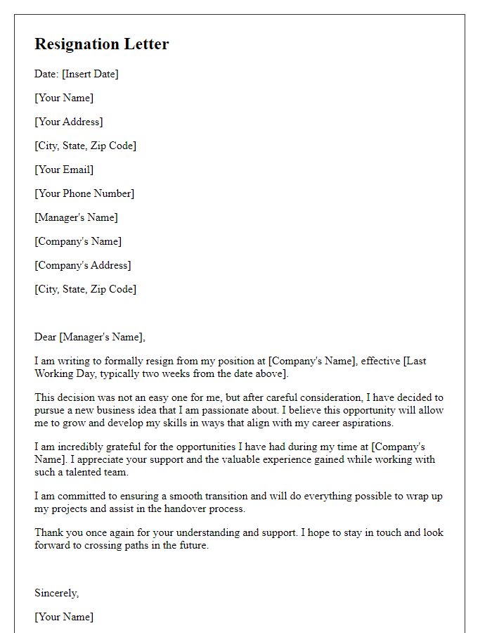 Letter template of resignation to develop a new business idea