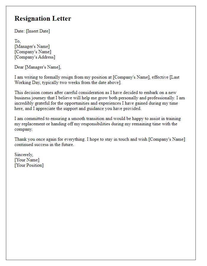 Letter template of resignation for embarking on a business journey