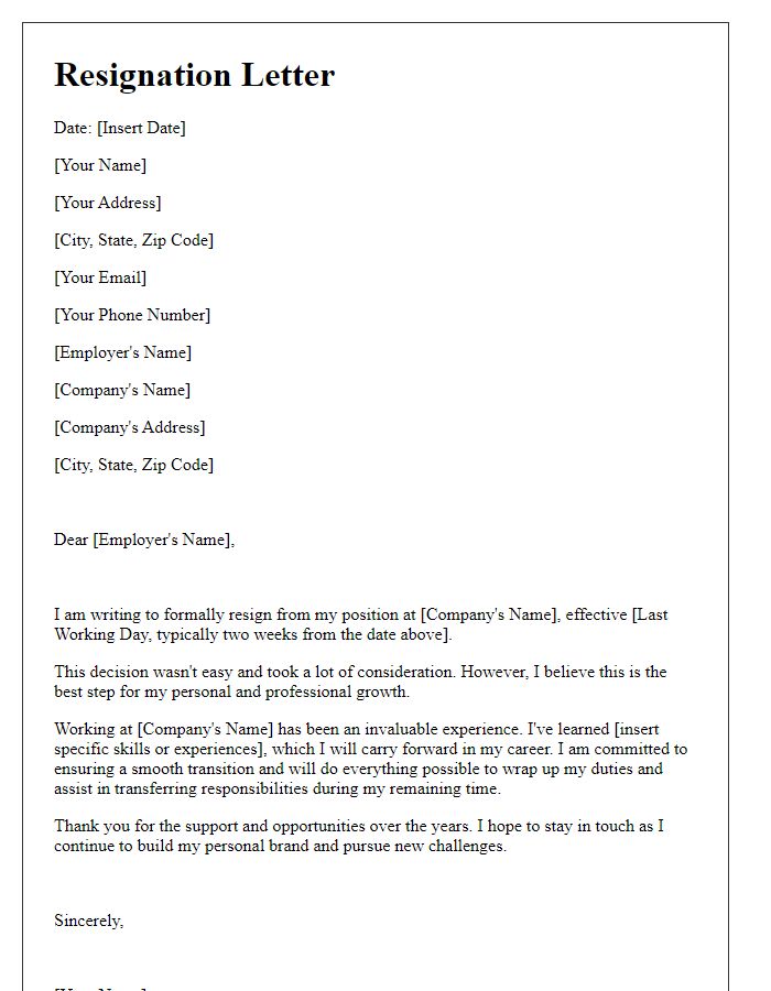 Letter template of resignation to establish a personal brand