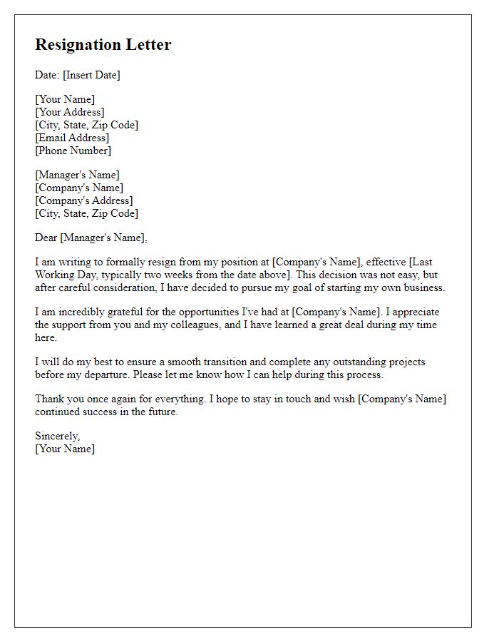 Letter template of resignation to explore business ownership